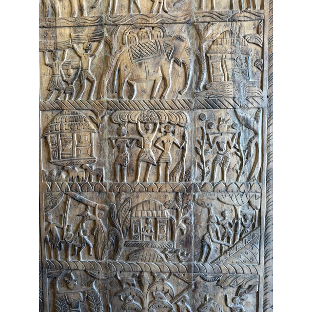 Antique Tribal Indian Hand-Carved Wood Door Panel – Rustic Architectural Wall Art For Sale - Image 4 of 7