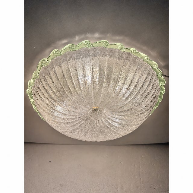 Traditional Italian White Graniglia" Budino"Murano Glass Flush Mount in 70' Style With Green Trimming For Sale - Image 4 of 6