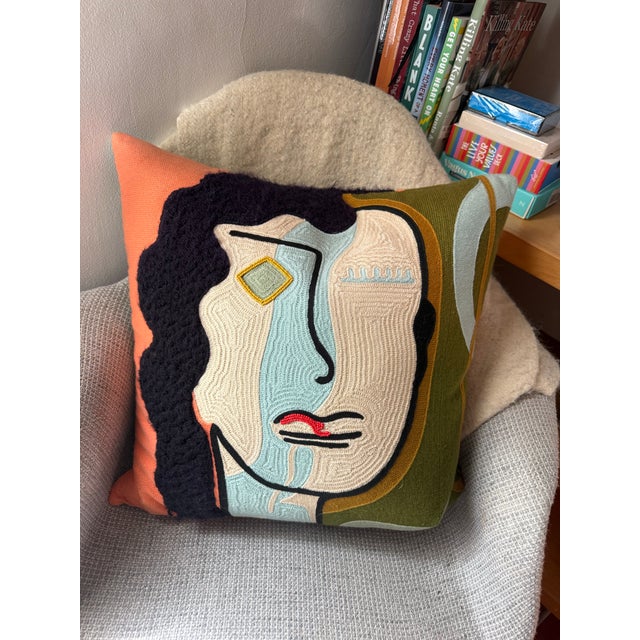 Ivory Global Views Veronica Pillow Hand Embroidered Abstract Portrait For Sale - Image 8 of 11