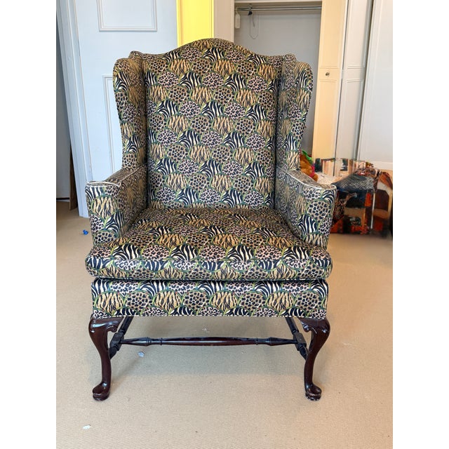 Wood Vintage Hancock & Moore Animal Print Wingback For Sale - Image 7 of 11