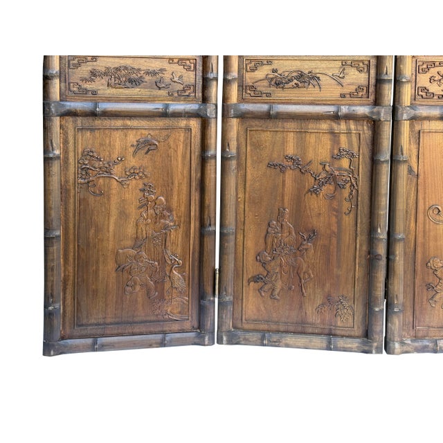 Vintage Finish Openwork Figural 4 Panels Wood Floor Screen Room Divider For Sale - Image 10 of 13