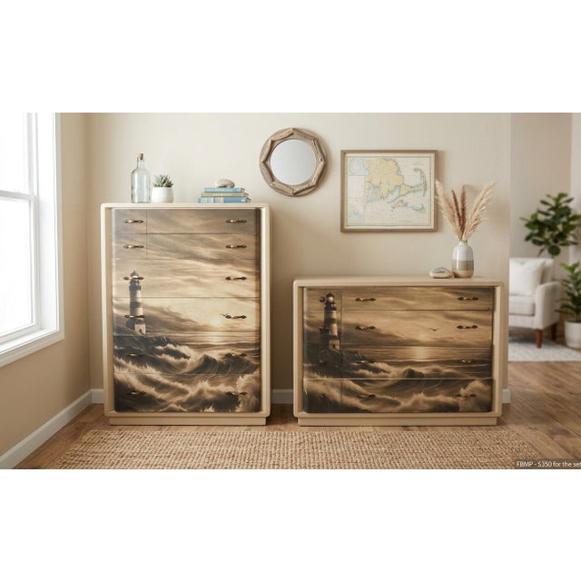 Headline: Rare 1940s Art Deco "Waterfall" Coastal Dresser Set – Lighthouse Seascape Decoupage (Solid Wood). Can be...