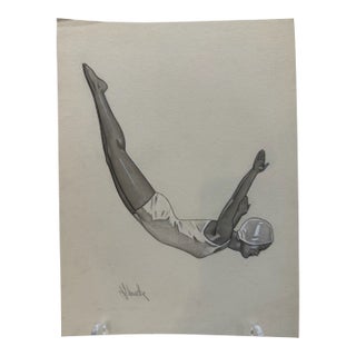 1940s Original Signed Graphite Illustration of Female Diver, 10.5 X 8 In. For Sale