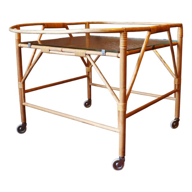 Bamboo and Frosted Glass Fine Serving Trolley, 1960 For Sale