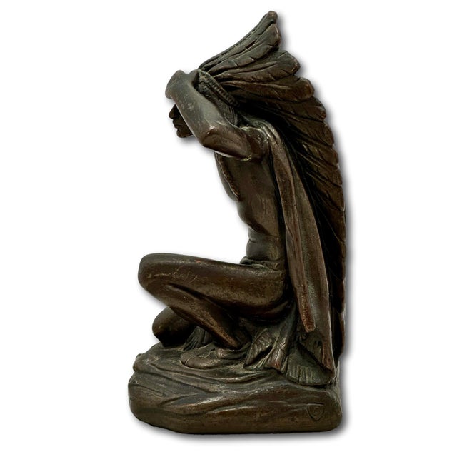 Large & Unusual Antique Native American Indian Motif Bronze Clad Bookends Signed Ruhl - Circa 1910s For Sale - Image 9 of 18