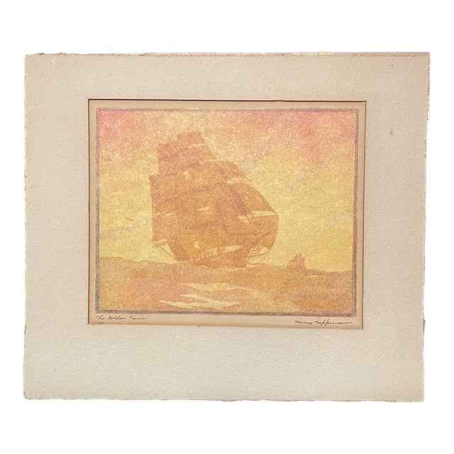 Vintage Murray Kupferman 'the Golden Hour' Caribbean Sailing Woodblock For Sale