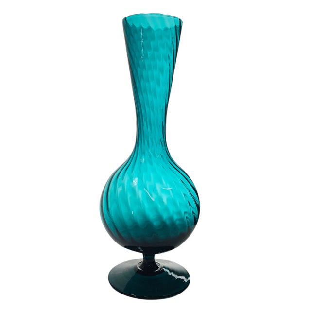 Italian Empoli Teal Turquoise Blue Optic Swirl Vase 13” Pedestal Base Art Glass For Sale - Image 4 of 8