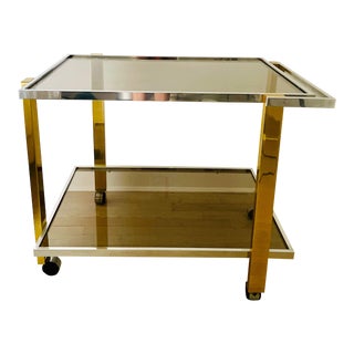 1970s Romeo Rega Attributed Bar Cart With Brass and Chrome and Smoked Glass Shelves For Sale