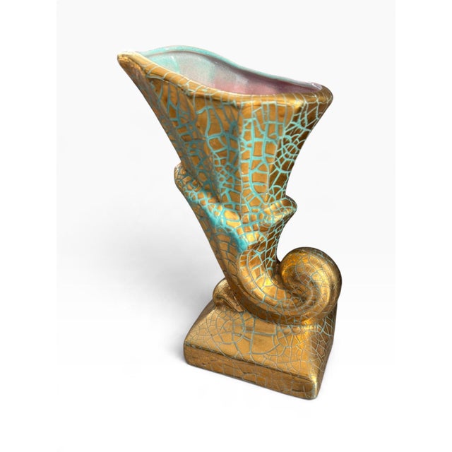 Gonder Pottery Vintage Gold & Turquoise Crackle Glaze Sculptural Ceramic Vase With Pink Interior For Sale - Image 4 of 7