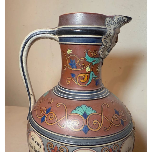 Huge Antique Handmade Armorial German Painted Pottery Beer Pitcher Stein Ewer For Sale - Image 14 of 18