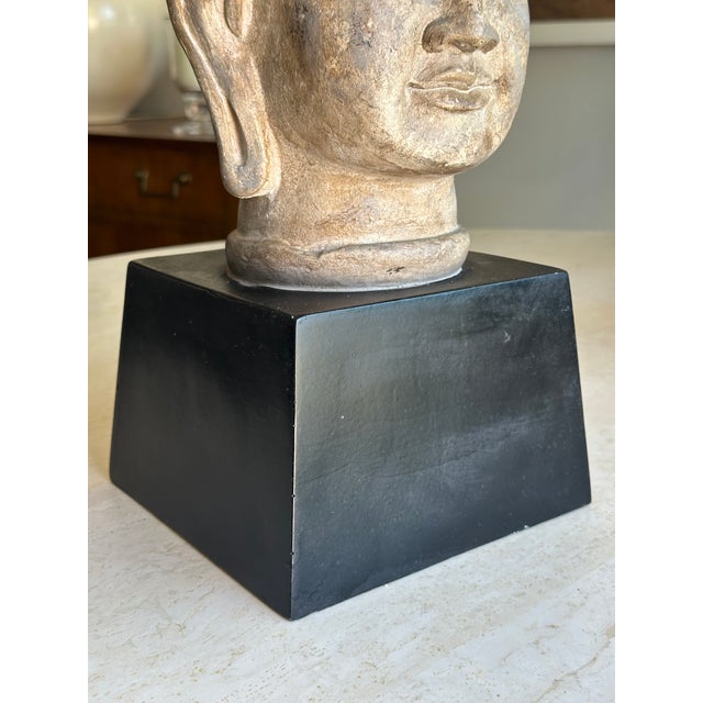 1970s Antiqued Buddha Head Sculpture on Black Pedestal - Modern Zen Decor For Sale - Image 5 of 8
