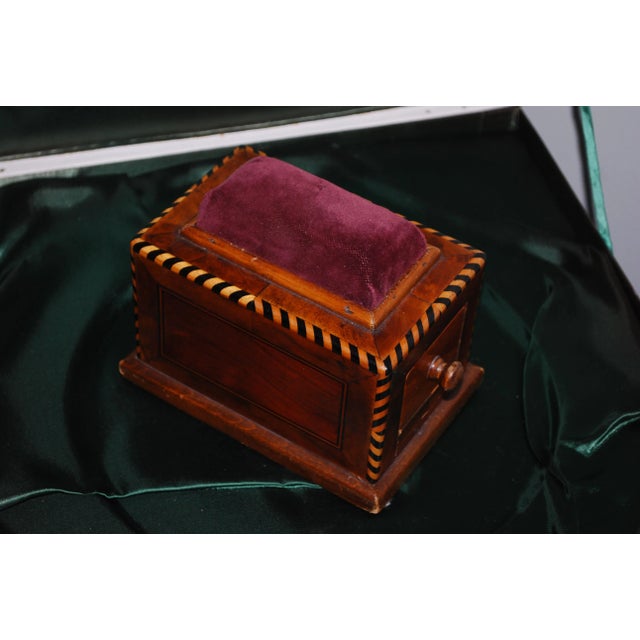 Traditional Wooden Inlay Pin Cushion Box With Drawer For Sale - Image 3 of 8