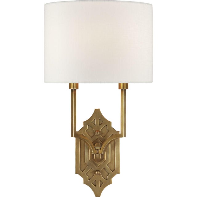 Thomas O'Brien for Visual Comfort Signature Silhouette Fretwork Sconce in Hand-Rubbed Antique Brass with Linen Shade For Sale