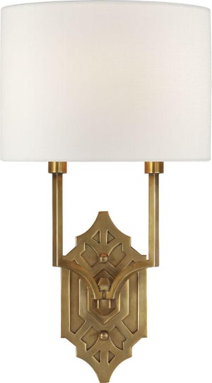 Thomas O'Brien for Visual Comfort Signature Silhouette Fretwork Sconce in Hand-Rubbed Antique Brass with Linen Shade