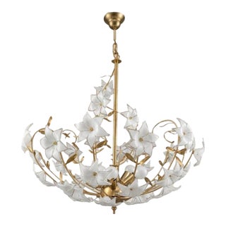 1970s Mid-Century Modern Italian Floral Chandelier in White Murano Glass and Brass For Sale