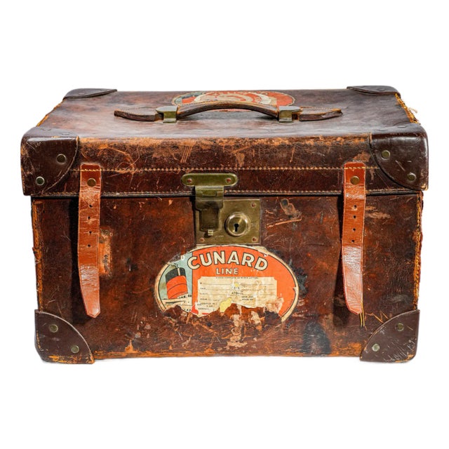 Timeworn Antique English Leather Cunard Label Case Box Home Decor Prop Storage For Sale