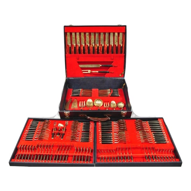 Vintage Bangkok Jewels Bronze Brass & Celluloid Flatware Set in Case - 130 PCS For Sale