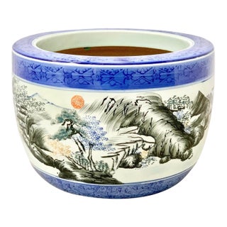 Vintage Chinese Blue & White Porcelain Fishbowl Planter With Shan Shui Landscape For Sale