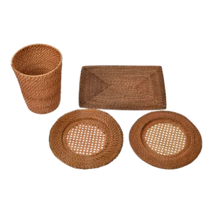 1990s Rattan Reed Brown Breakfast Setting Rectangle Placemat, Saucer & Waste Basket Set- 4 Pieces