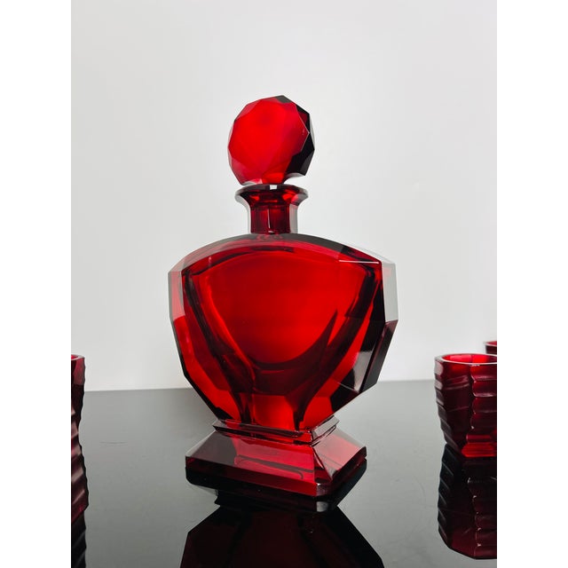 Art Deco Ruby Red Glass Decanter with Six Shot Glasses from Moser, Czechoslovakia, 1930, Set of 7 For Sale - Image 3 of 12