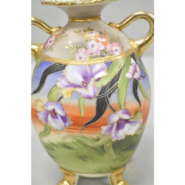 Antique Nippon Moriage Hand Painted Porcelain Purple Iris & Gold Gilt Vase Pair For Sale In Philadelphia - Image 6 of 18