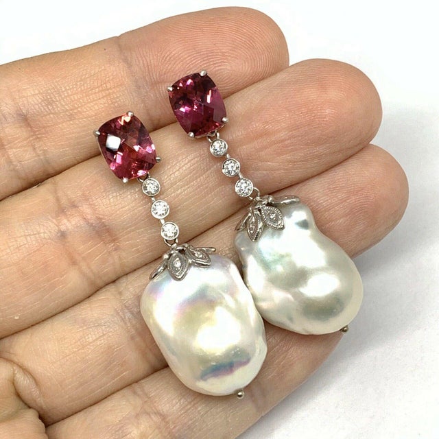 Metal Diamond Rubellite Tourmaline Pearl Earrings 18k Gold 6.25 TCW Certified For Sale - Image 7 of 12