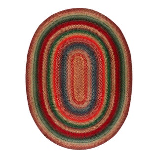 1930s Multicolor Folk Art Antique Oval American Braided Rug 6'10" X 9'2" Cotton Carpet For Sale