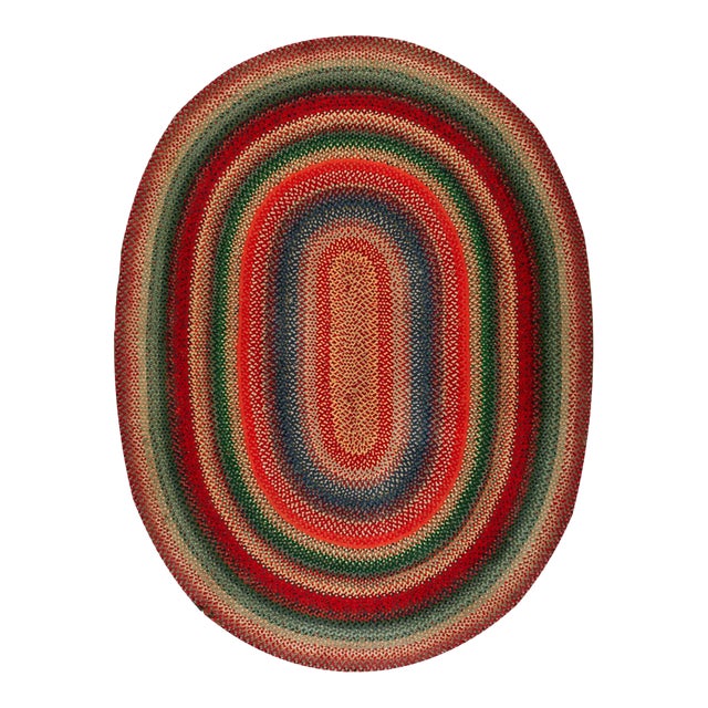 1930s Multicolor Folk Art Antique Oval American Braided Rug 6'10" X 9'2" Cotton Carpet For Sale