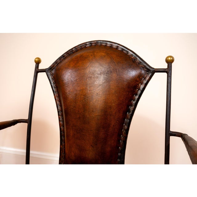 Brown Mid-Century Modern Sculptural Leather Armchair in Iron and Brass from Jacques Adnet, 1950s For Sale - Image 8 of 18