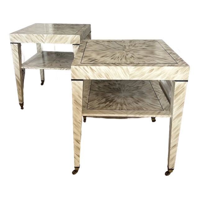 Hand-Painted Vintage Mahogany Two-Tier Side Table in Blonde Faux Tortoise With Brass Cup Casters For Sale