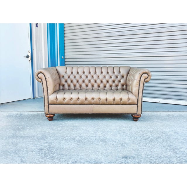 1970s Vintage Tan Leather Tufted Chesterfield Loveseat For Sale - Image 12 of 12
