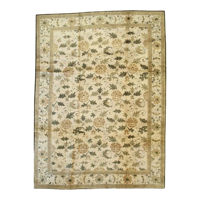 13x15 Ivory Hand-Knotted Wool Floral Scrollwork Geometric Modern Carpet Rug For Sale