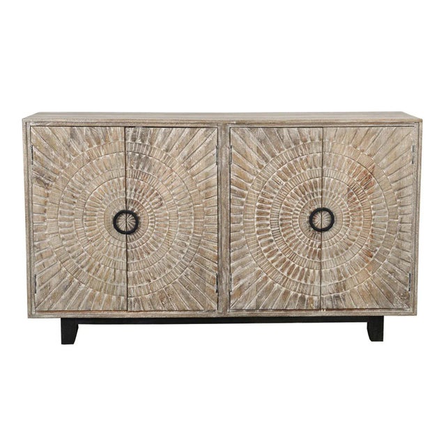 Tan Washed Double Medallion Carved Wood Credenza For Sale - Image 8 of 12