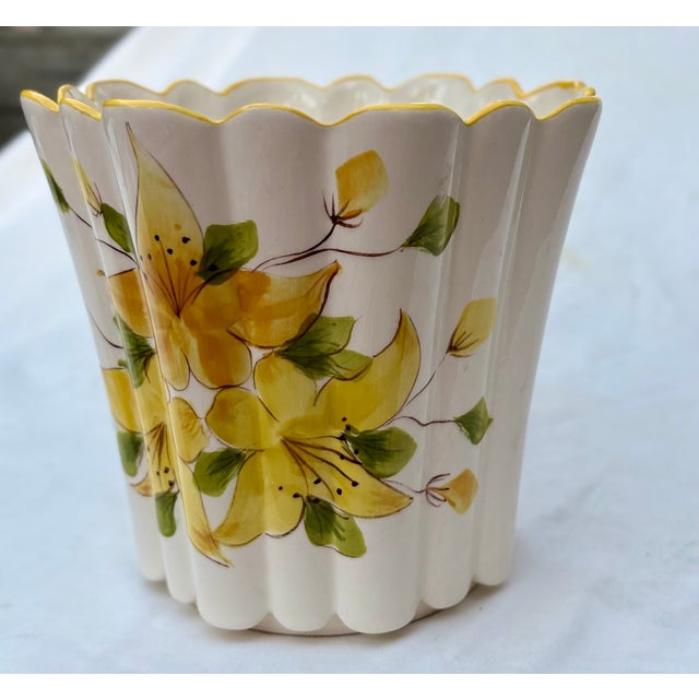 Mid-Century Modern Mid-Century Modern Vee Jackson Yellow Floral Ceramic Cachepot Planter, Signed by Artist For Sale - Image 3 of 9