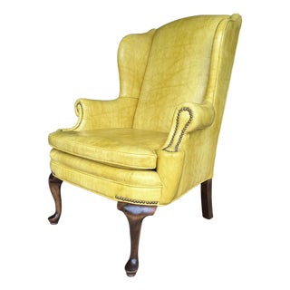 Vintage Shuford Furniture Yellow Leatherette Wingback Armchair | Queen Anne Style Faux Leather Accent Chair | Traditional Hollywood Regency For Sale