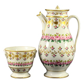 Circa 1810-15 First Empire Old Paris Porcelain Coffee / Tea Pot & Sugar Bowl - 2pcs For Sale