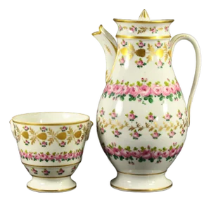 Circa 1810-15 First Empire Old Paris Porcelain Coffee / Tea Pot & Sugar Bowl - 2pcs