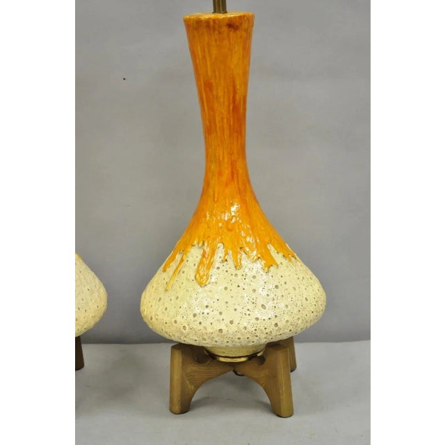 Vintage Mid Century Modern Orange Drip Glazed Ceramic Table Lamps - A Pair For Sale - Image 4 of 12