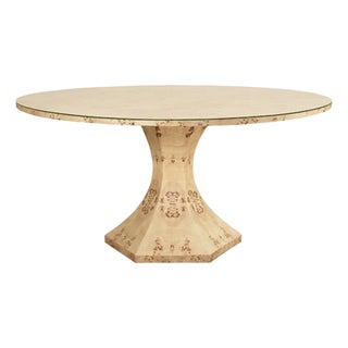 Matthew Izzo Home Bryce 60" Light Burlwood Hexagonal Base Dining Table With Glass Top For Sale