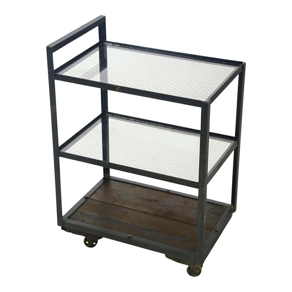 Handcrafted Steel Framed Pine Wired Glass Shelves Bar Cart Chairish