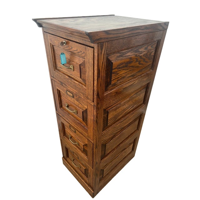 Gorgeous Vintage Tiger Oak File Cabinet with Four smooth sliding Drawers, Locking Top Drawer, Paneled Sides Legal Size,...