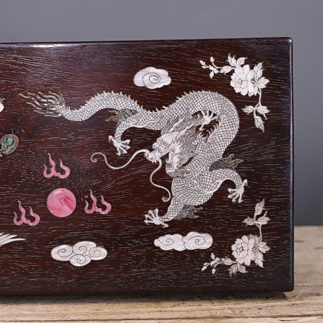 Brown 1980s Mother of Pearl Inlaid Hardwood Chest, Chinoiserie Dragon & Phoenix Jewelry Storage Box For Sale - Image 8 of 9