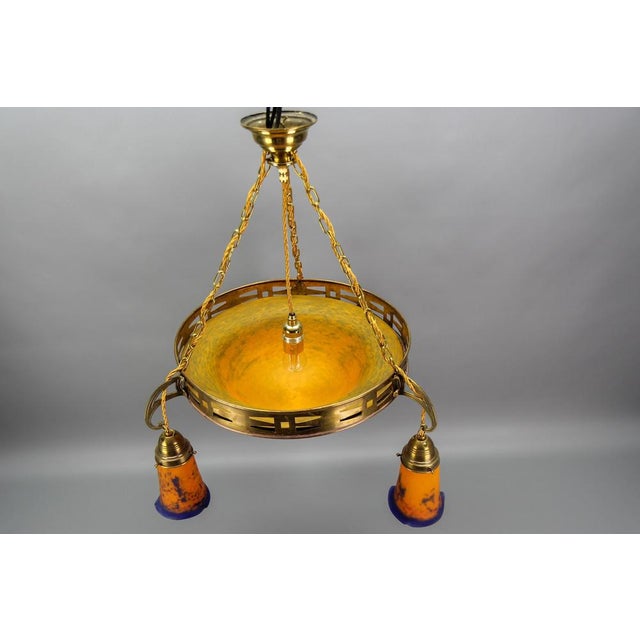 Art Nouveau French Brass Chandelier with Pâte De Verre Glass by Noverdy, 1920s For Sale - Image 10 of 18