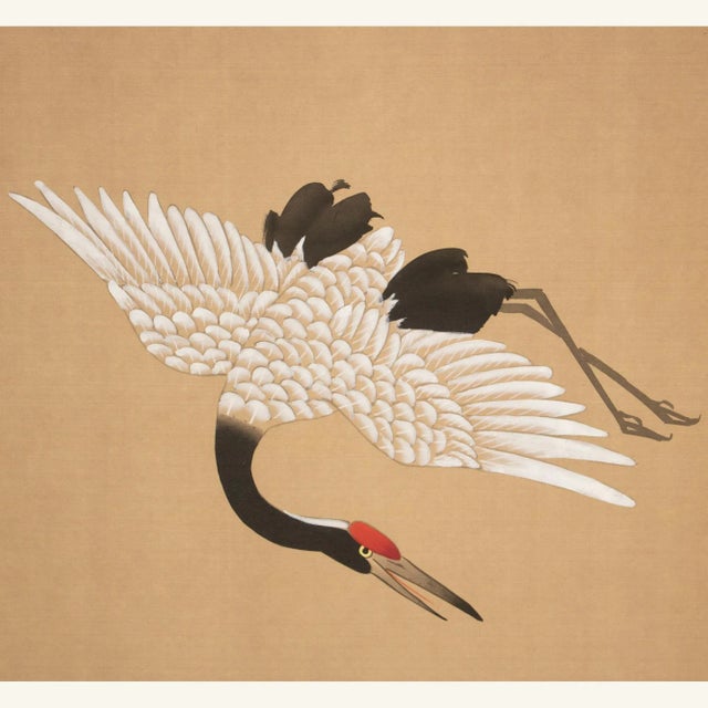 Stunning Chinese painted silk 4-panel folding screen by Yuko depicting Red-crowned Cranes and Pine Tree. Very detailed....