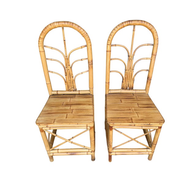 Tan Pair of Vintage Hollywood Regency Bamboo & Rattan Dining Chairs | Palm Beach Coastal Chinoiserie Bent Bamboo High-Back Accent Chairs For Sale - Image 8 of 13
