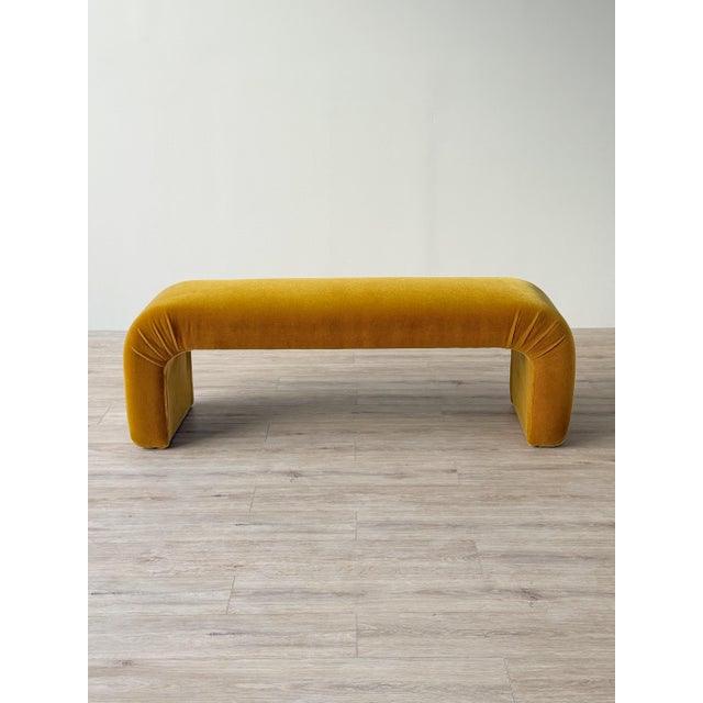 Mid-Century Modern 1980s Waterfall Bench in Golden Ochre Mohair For Sale - Image 3 of 9