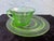 American Vintage Anchor Hocking Uranium Glass Cup & Saucer Set – Circle Green Pattern, Art Deco Depression Era For Sale - Image 3 of 7