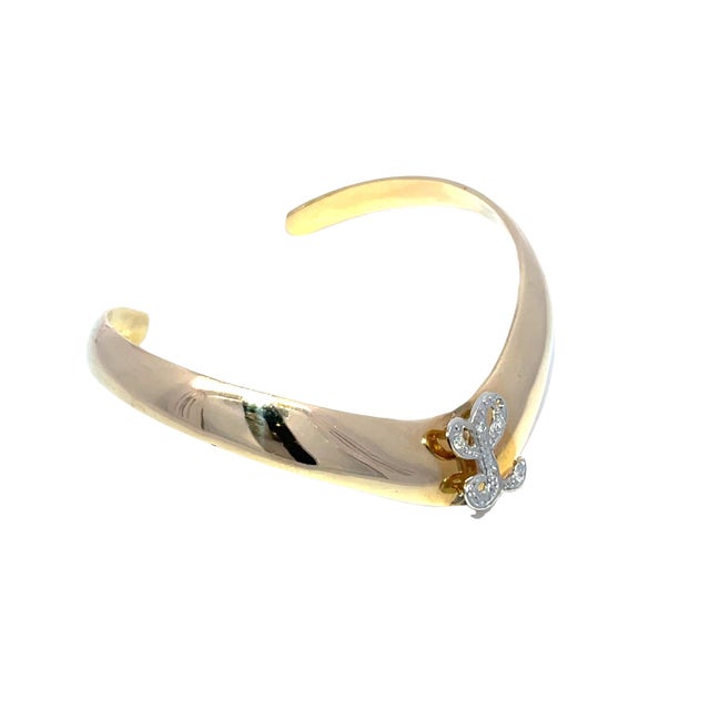 Metal 14k Yellow Gold Open Cuff Diamonds Inlaid Letter "L" Bangle For Sale - Image 7 of 9