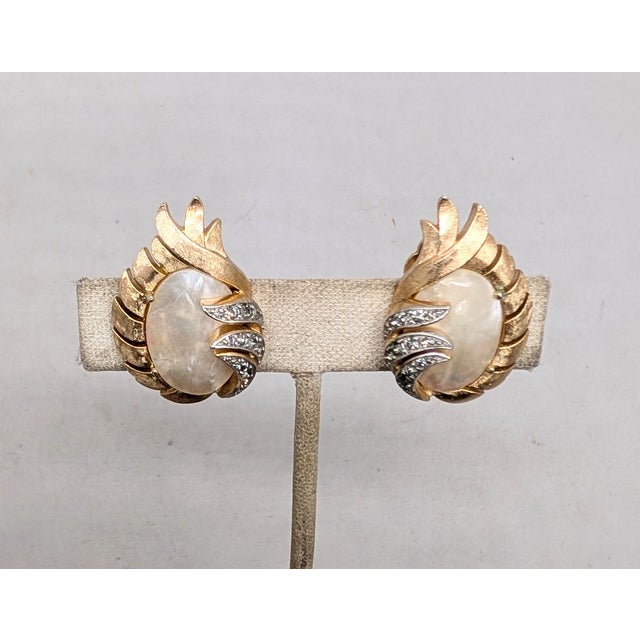 Vintage 1958 Signed Crown Trifari Goldtone Mother-of-Pearl & Rhinestone "Fantasia" Clip Earrings-2 Pieces For Sale In Philadelphia - Image 6 of 8
