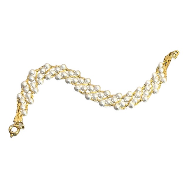 Braided Gold Tone Metal/Faux Pearl Beaded Bracelet For Sale